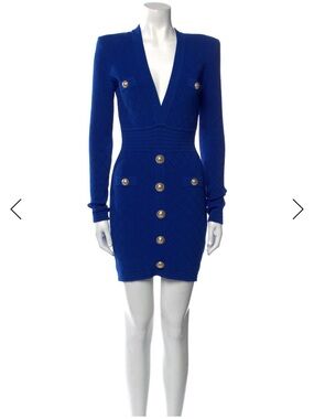 Balmain Blue V-Neck Long Sleeve Button-Front Dress